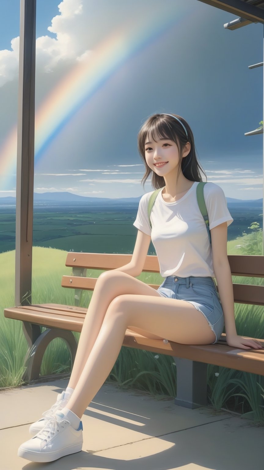 (masterpiece, high quality, 8K, high_res), 
a 18 yo sexy girl sits on a bench in the sunny  day and looks at the blue_sky rainbow, (ultra slender legs:1.3), elegant smile, happy and embarresed, dressed in a bottomless mesh shirt, ultra short_jeans and white sneakers, yellow_headphone wires are visible, the image conveys the mood of melancholy thoughtfulness, impasse, doubt. Watercolor painting technique, ultra detailed, beautiful,
inspired by  Makoto Shinkai and Toshihiro Kawamoto.