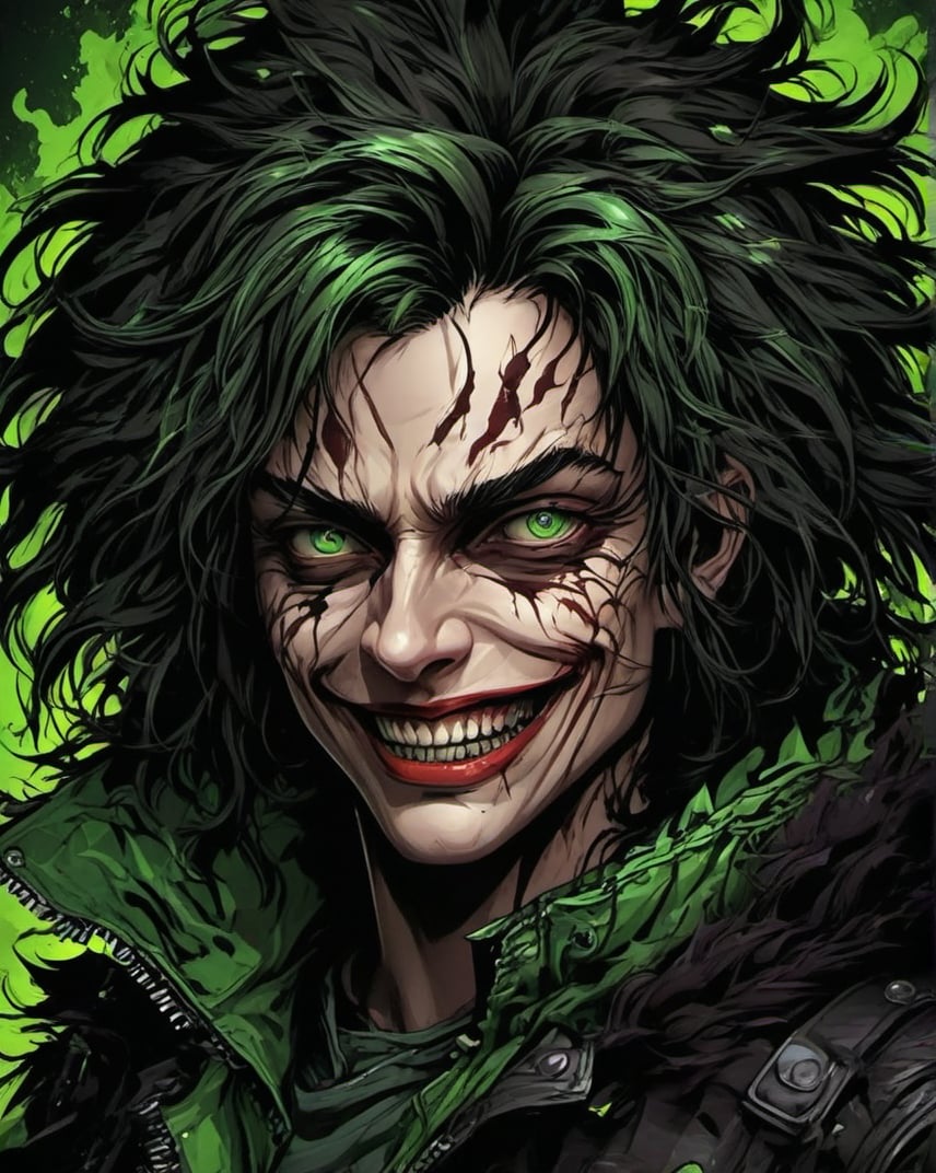 Highly detailed, vector style art, digital illustration of a menacing character with a sinister smile. The subject has pale skin, exaggerated facial features, and glowing green eyes. The character's long, wild hair is dark with streaks of vibrant colors, adding to the chaotic appearance. They are wearing a textured, dark leather jacket with spikes and intricate patterns. The background is dynamic, filled with swirling, colorful energy trails that enhance the intense and eerie atmosphere of the image. The overall style is dark and fantastical, with a focus on dramatic lighting and vivid colors.