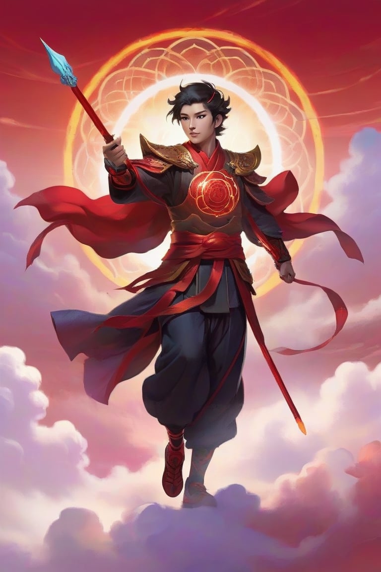  a little Chinese boy, short black hair, red light armor, walking on the clouds in the sky , right hand raised, (((holding flams metal long spear in his right hand))),  left hand across chest , circle,(((holding circle in his left hand))), sparks and surges, good and clear facial features, (((step hot wheels , red strips of cloth are flying around, red strips embrace his silhouette))), the background and feet are sea of the clouds, geometric pattern aperture behind him, cinematic, ultra realistic, （((light red aura flower of life as read geometry background))), frong_view, Sci-fi, Leonardo Style, high_mountain, glowing aura, light particles,magic circle, energy spiral, fantastic atmosphere, fantastic sense of light, bloom, Bioluminescent, liquid, ((rainbow_cloud))