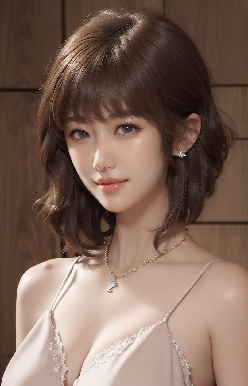 1girl, solo, looking at viewer, short hair, bangs, simple background, brown hair, bare shoulders, brown eyes, jewelry, collarbone, upper body, nude, breasts, earrings, necklace, lips, portrait, realistic, nose, smile,VIVI2