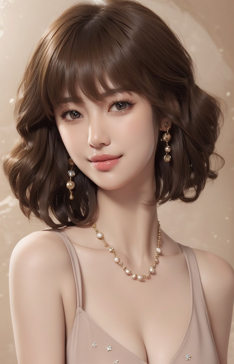 1girl, solo, looking at viewer, short hair, bangs, simple background, brown hair, bare shoulders, brown eyes, jewelry, collarbone, upper body, nude, breasts, earrings, necklace, lips, portrait, realistic, nose, smile,VIVI2