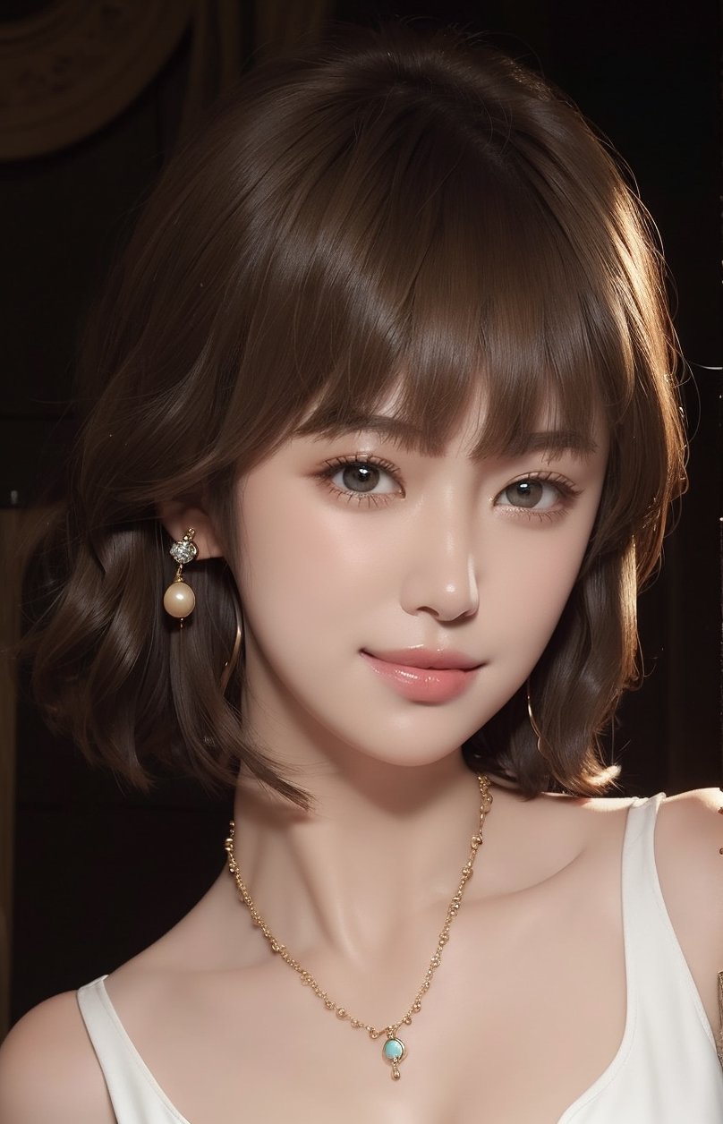 1girl, solo, looking at viewer, short hair, bangs, simple background, brown hair, bare shoulders, brown eyes, jewelry, collarbone, upper body, nude, breasts, earrings, necklace, lips, portrait, realistic, nose, smile,VIVI2