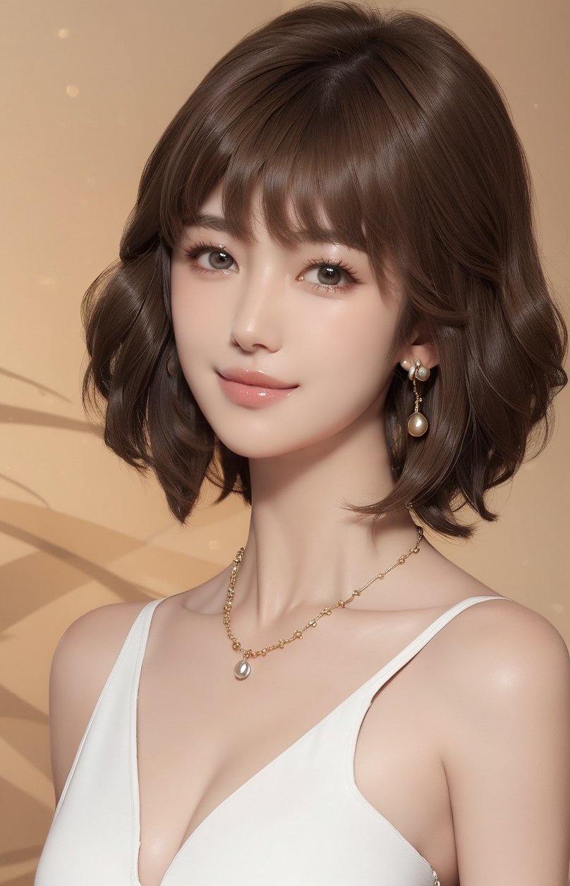 1girl, solo, looking at viewer, short hair, bangs, simple background, brown hair, bare shoulders, brown eyes, jewelry, collarbone, upper body, nude, breasts, earrings, necklace, lips, portrait, realistic, nose, smile,VIVI2