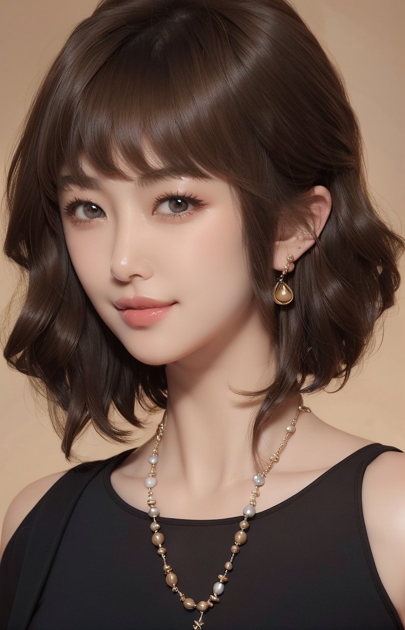 1girl, solo, looking at viewer, short hair, bangs, simple background, brown hair, bare shoulders, brown eyes, jewelry, collarbone, upper body, nude, breasts, earrings, necklace, lips, portrait, realistic, nose, smile,VIVI2