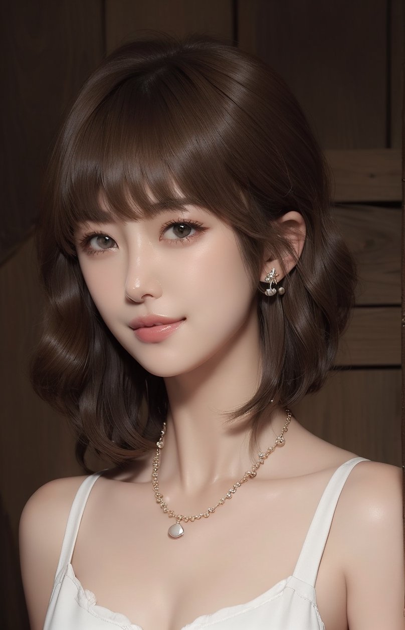 1girl, solo, looking at viewer, short hair, bangs, simple background, brown hair, bare shoulders, brown eyes, jewelry, collarbone, upper body, nude, breasts, earrings, necklace, lips, portrait, realistic, nose, smile,VIVI2