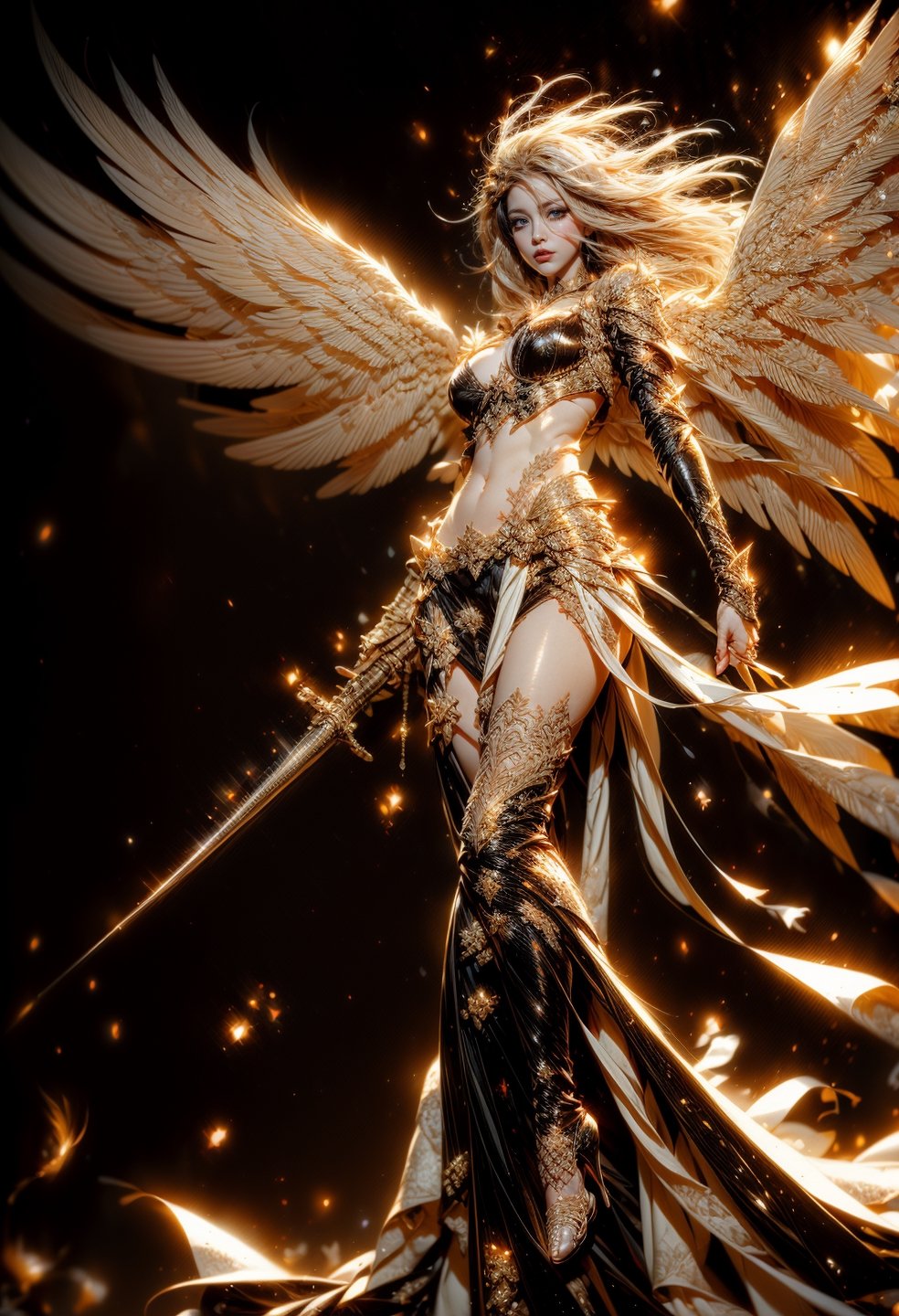 1girl, Female angel, Full body shot, frontal shot, floating in the air, looking at the camera, nude, (show pussy, tight and smooth pussy, show breasts, small pink nipples, small breasts,), There are red armors on the shoulders, waist and legs, Flames shine through the armor, Gothic cathedral with blazing fire in the background, cinematic palette, extra long silver hair, flying long hair,highest detailed, detailed and intricate, (Glowing ambiance, enchanting radiance, luminous lighting, ethereal atmosphere, mesmerizing glow, evocative hues, captivating coloration, dramatic lighting, enchanting aura),front_view, masterpiece, best quality, photorealistic masterpiece,best quality, epic cinematic, soft nature lights, rim light, absurd, itricate, hyper detailed, ultra realistic, exposure blend, bokeh, (hdr:1.4), high contrast, (cinematic),Angel,1 girl