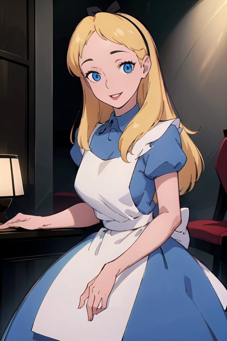 (masterpiece:1.4), (best qualit:1.4), (high resolution:1.4), alice liddell, blue dress, white apron, black hairband, smile, looking at viewer, alice liddell,alicew,Milf