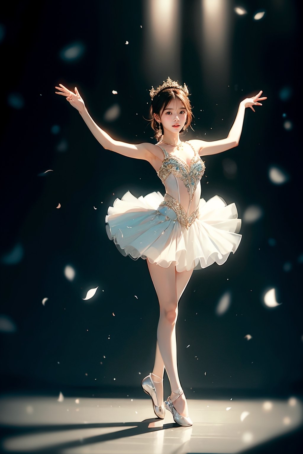 solo, An 18-year-old Korean girl wearing ballet costume (full body) dances alone in a dimly lit studio, her movements reflected in the soft spotlight. This scene highlights her dedication and artistic loneliness, echoing themes of personal growth in Iwai Shunji's work. The atmosphere of the scene is captured with a high graininess reminiscent of ISO 800 film. ,IU,1 girl