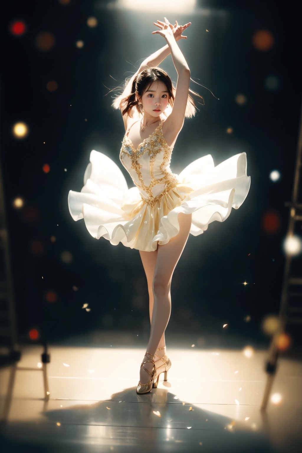 An 18-year-old Korean girl wearing ballet costume (full body) dances alone in a dimly lit studio, her movements reflected in the soft spotlight. This scene highlights her dedication and artistic loneliness, echoing themes of personal growth in Iwai Shunji's work. The atmosphere of the scene is captured with a high graininess reminiscent of ISO 800 film. ,IU,1 girl