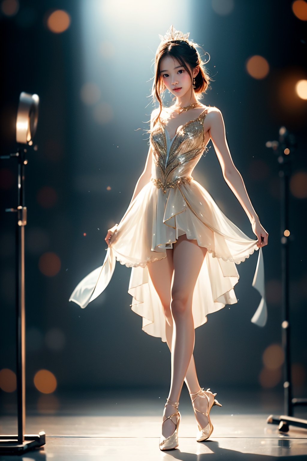 solo, An 18-year-old Korean girl wearing ballet costume (full body) dances alone in a dimly lit studio, her movements reflected in the soft spotlight. This scene highlights her dedication and artistic loneliness, echoing themes of personal growth in Iwai Shunji's work. The atmosphere of the scene is captured with a high graininess reminiscent of ISO 800 film. ,IU,1 girl