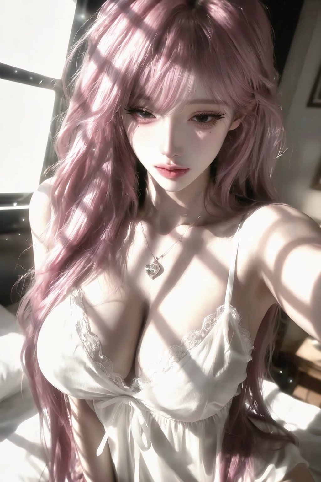 A beautiful middle-aged woman with long,  curly pink hair,  cut in a Japanese layered style (emphasis on layers). Her hair...