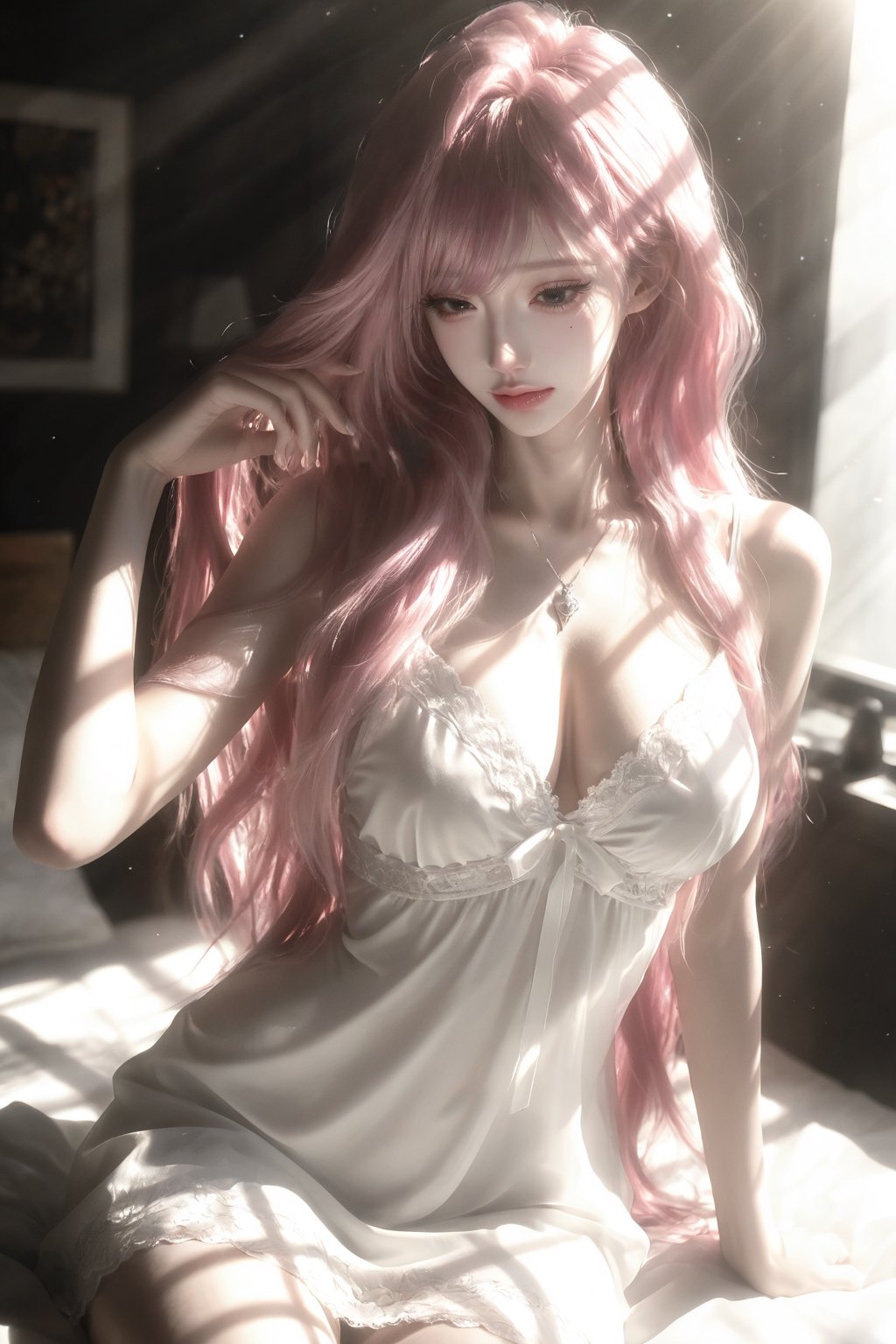 A beautiful middle-aged woman with long,  curly pink hair,  cut in a Japanese layered style (emphasis on layers). Her hair...