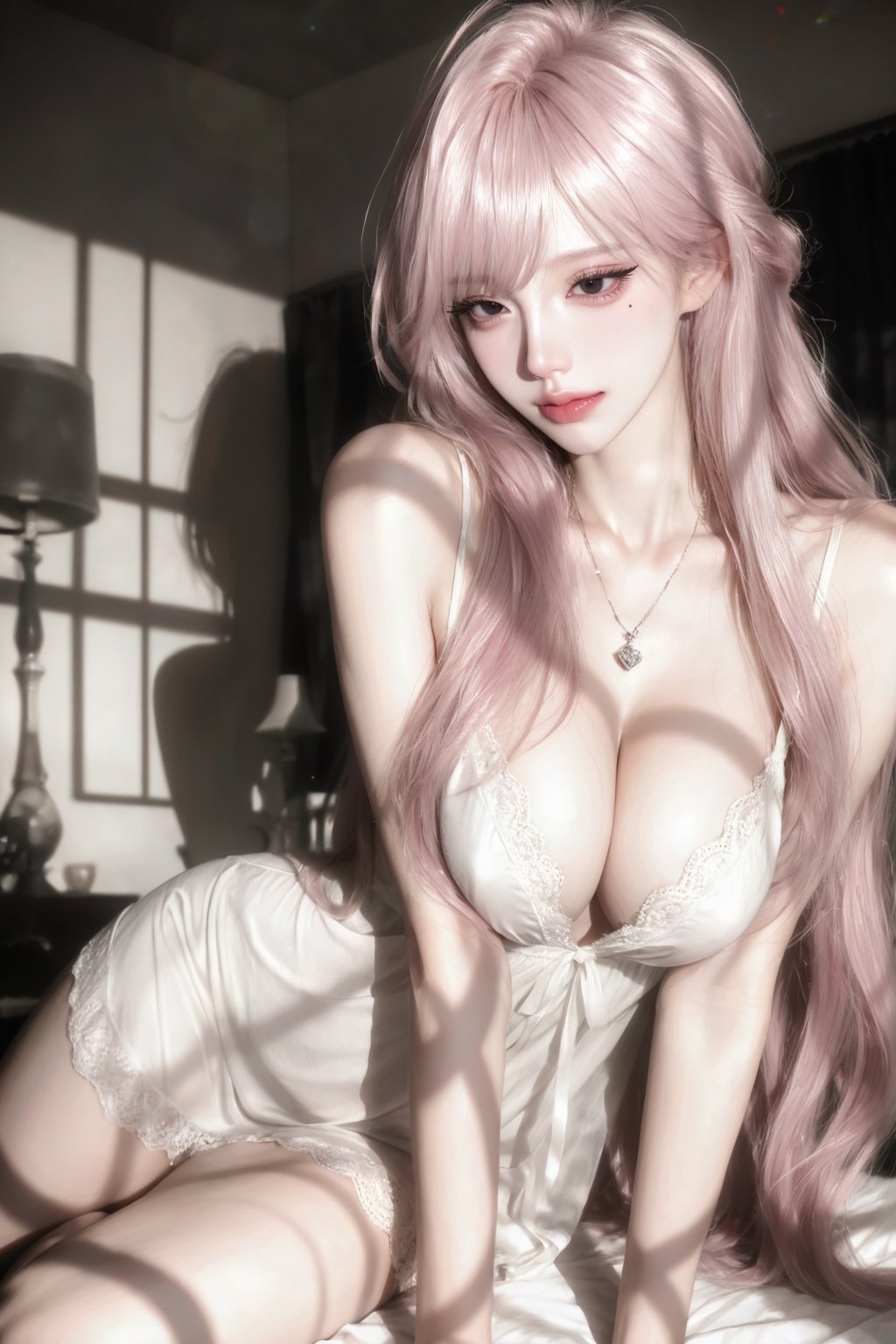 A beautiful middle-aged woman with long,  curly pink hair,  cut in a Japanese layered style (emphasis on layers). Her hair...