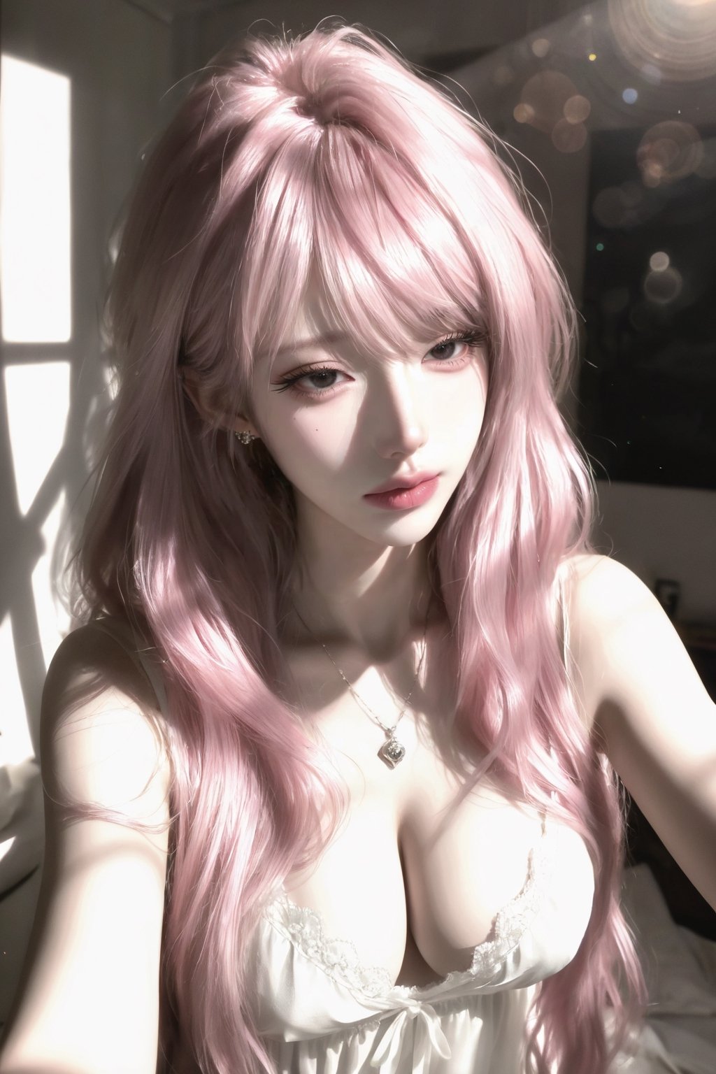 A beautiful middle-aged woman with long,  curly pink hair,  cut in a Japanese layered style (emphasis on layers). Her hair...