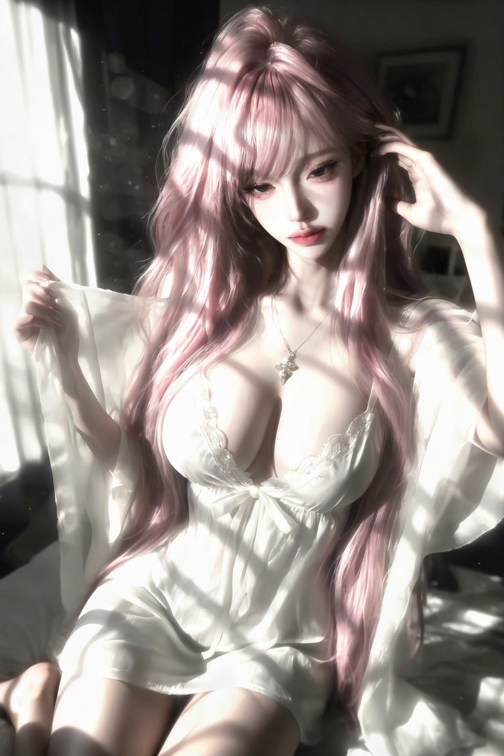 A beautiful middle-aged woman with long,  curly pink hair,  cut in a Japanese layered style (emphasis on layers). Her hair...
