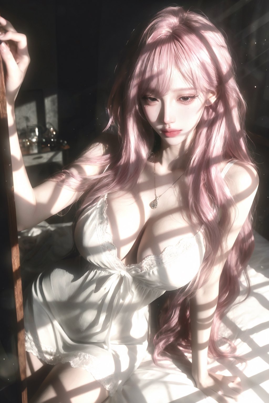 A beautiful middle-aged woman with long,  curly pink hair,  cut in a Japanese layered style (emphasis on layers). Her hair...