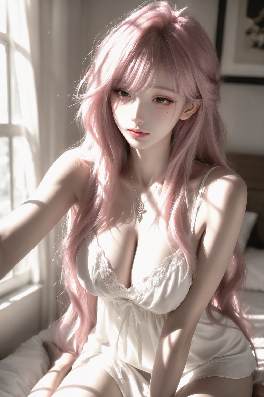 A beautiful middle-aged woman with long,  curly pink hair,  cut in a Japanese layered style (emphasis on layers). Her hair...