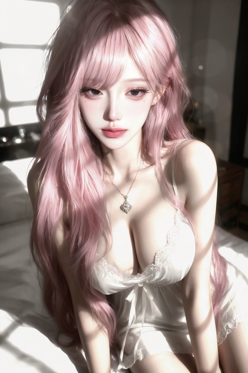 A beautiful middle-aged woman with long,  curly pink hair,  cut in a Japanese layered style (emphasis on layers). Her hair...