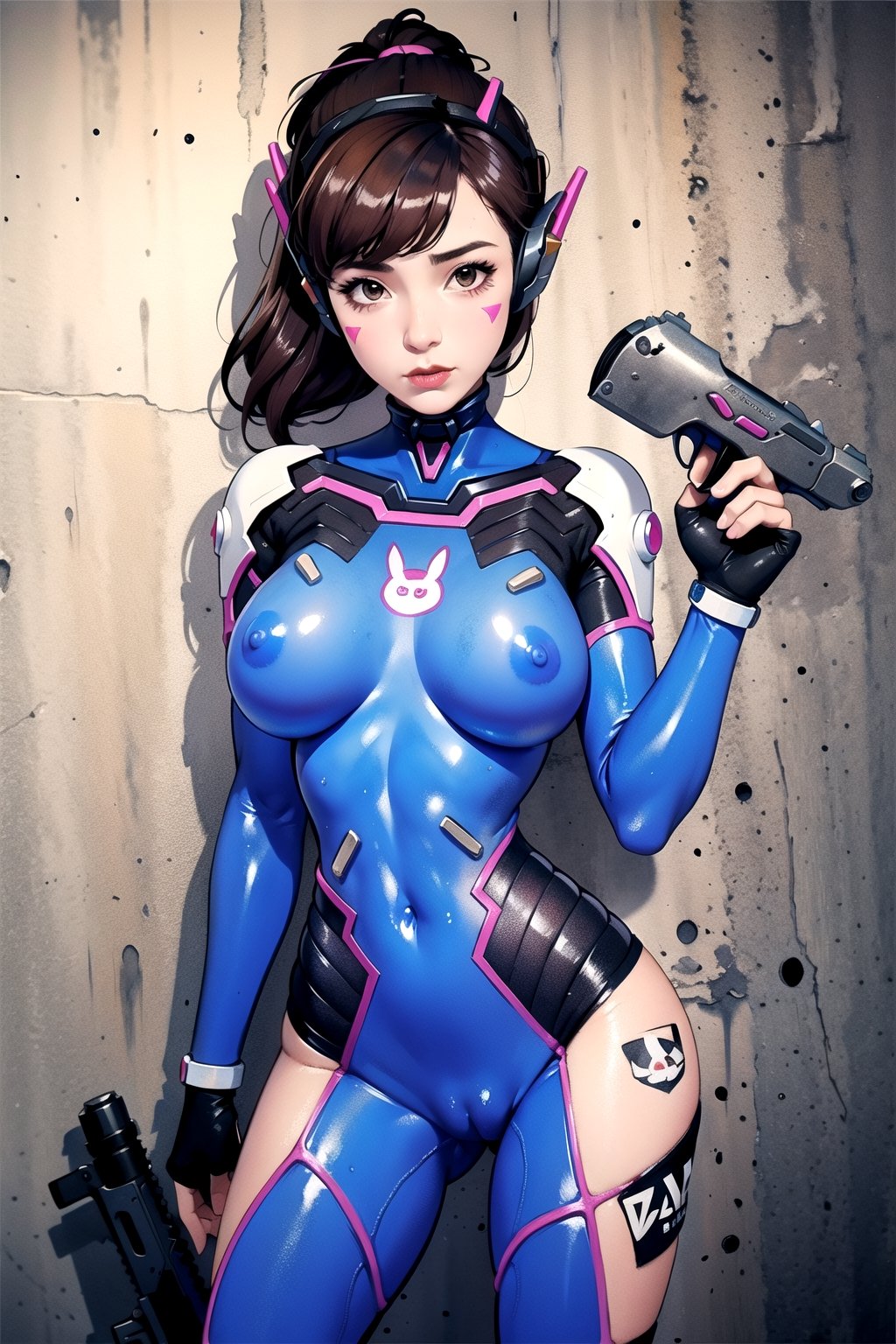 D.Va pilot, brown hair, ponytail, whisker marking,((Holding a gun)), big breasts, wide hip,standing solo, bodypaint, weak and thin body painting, unpainted pussy, nipple, shaved pussy