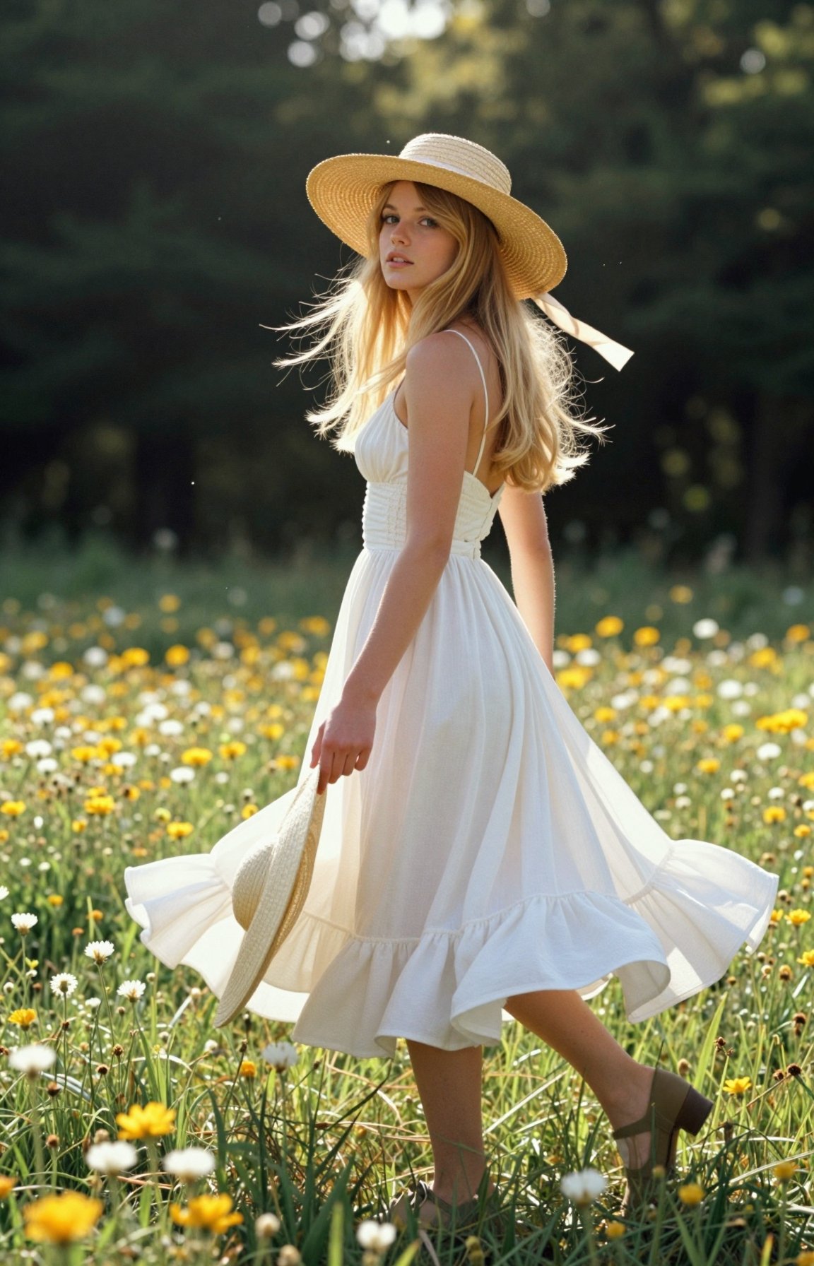 The image depicts a young woman with an impossibly slim,  doll-like figure,  captured in a lush meadow teeming with vibran...
