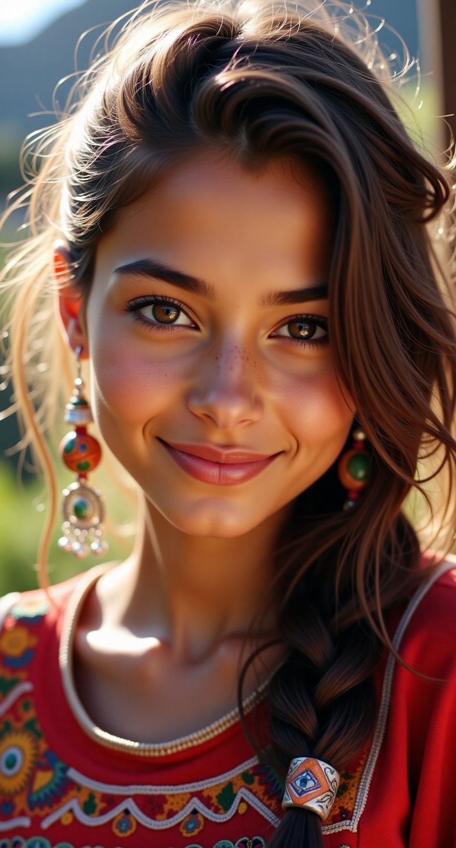 She is a radiant pacha,  her skin glowing like the golden light of the Andean sun. Her eyes are like the sparkling waters...