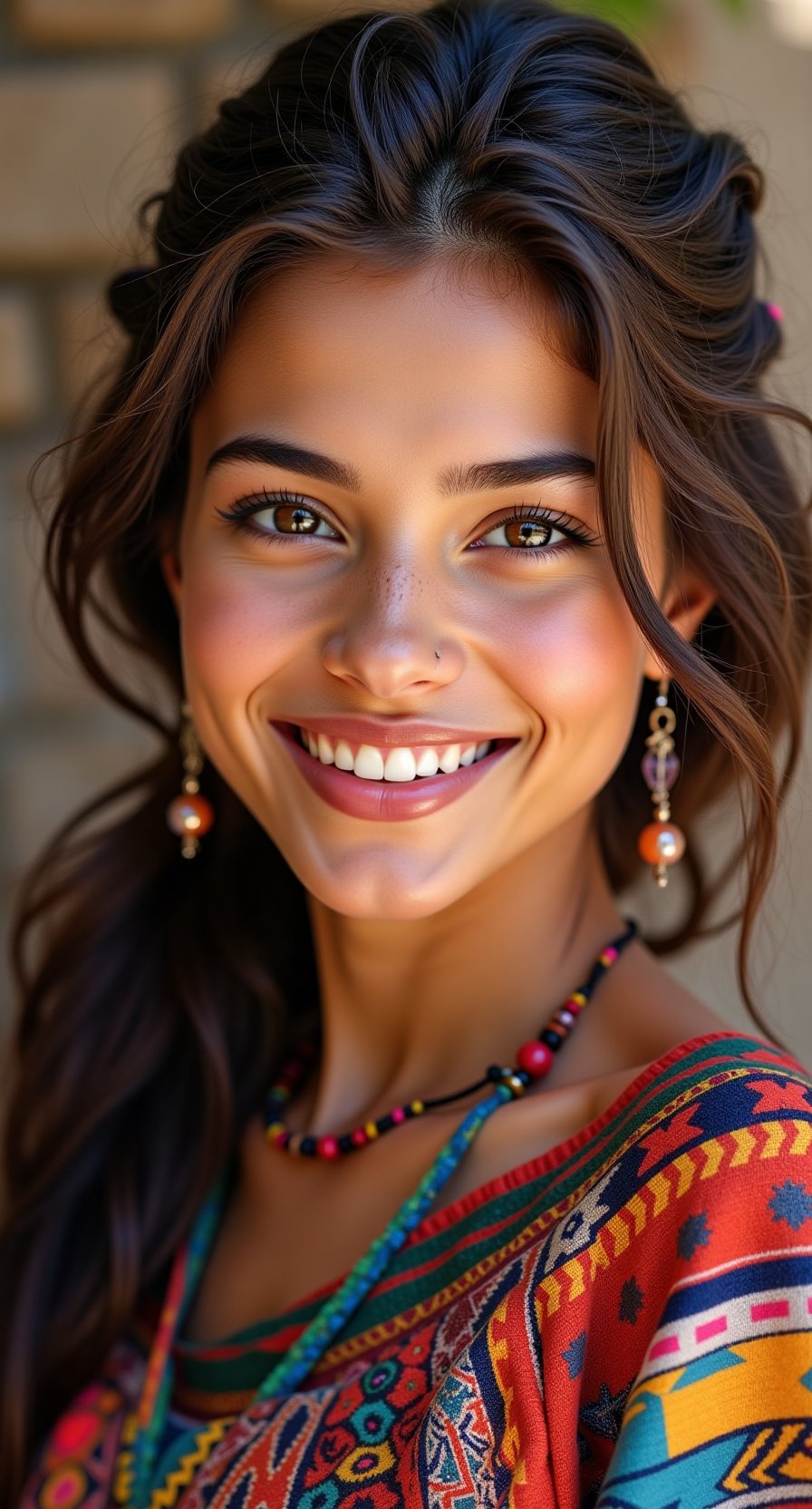 She is a radiant pacha,  her skin glowing like the golden light of the Andean sun. Her eyes are like the sparkling waters...