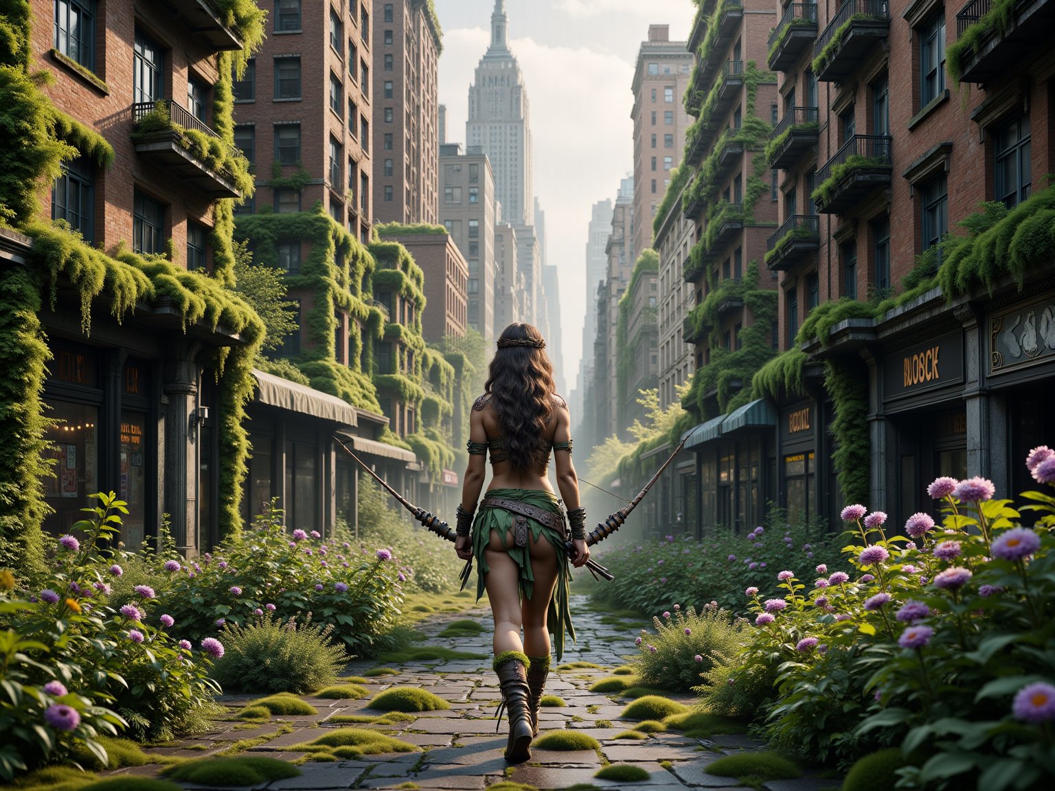 In a dystopian future, the once-bustling streets of New York lie shrouded in a chaotic embrace of nature. Towering skyscrapers are now draped in vivid green vines and vibrant wildflowers, their glass facades shattered and covered in layers of moss. (overgrown, ral-ovrgrwth) Amidst this lush wilderness, under a sky painted in soft shades of lavender and gold at twilight, a fierce female warrior navigates the ruins of the city, her silhouette contrasting sharply against the towering remnants of civilization. Clad in a loin cloth, she moves with a silent grace, her piercing gaze scanning the environment for signs of movement. Her long hair flows like a river of dark silk, intertwined with small braids and vibrant feathers, a testament to her fierce spirit and connection to the wild. With bow in hand—crafted from the ancient wood of fallen trees and strung with resilient sinew—she embodies both strength and stealth. A quiver filled with meticulously fashioned arrows rests against her back, each one tipped with sharp obsidian, glinting menacingly in the fading light. The air is thick with the scent of damp earth and blooming plants, and the occasional rustle of leaves and distant calls of wildlife punctuate the serene silence. As she steps delicately over vine-entwined cobblestones, her heart beats steadily, resonating with the rhythm of the revitalized ecosystem around her. The hum of a long-forgotten subway line echoes faintly beneath her feet, and she pauses momentarily, absorbing the ancient echoes of human life that once thrived in this now surreal and tangled urban jungle. Each step she takes is a reminder of the strength she wields—not just as a warrior, but as a guardian of the untamed beauty that has taken the city back.,ral-ovrgrwth