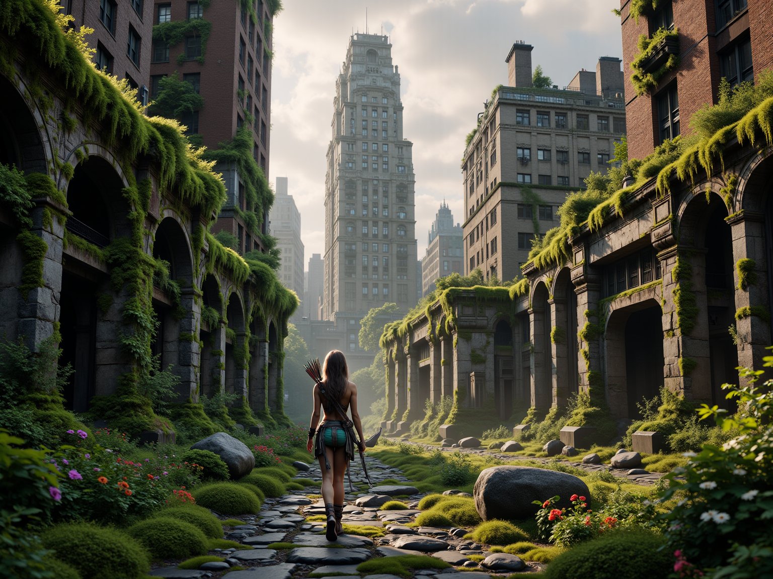 In a dystopian future, the once-bustling streets of New York lie shrouded in a chaotic embrace of nature. Towering skyscrapers are now draped in vivid green vines and vibrant wildflowers, their glass facades shattered and covered in layers of moss. (overgrown, ral-ovrgrwth) Amidst this lush wilderness, under a sky painted in soft shades of lavender and gold at twilight, a fierce female warrior navigates the ruins of the city, her silhouette contrasting sharply against the towering remnants of civilization. Clad in a loin cloth, she moves with a silent grace, her piercing gaze scanning the environment for signs of movement. Her long hair flows like a river of dark silk, intertwined with small braids and vibrant feathers, a testament to her fierce spirit and connection to the wild. With bow in hand—crafted from the ancient wood of fallen trees and strung with resilient sinew—she embodies both strength and stealth. A quiver filled with meticulously fashioned arrows rests against her back, each one tipped with sharp obsidian, glinting menacingly in the fading light. The air is thick with the scent of damp earth and blooming plants, and the occasional rustle of leaves and distant calls of wildlife punctuate the serene silence. As she steps delicately over vine-entwined cobblestones, her heart beats steadily, resonating with the rhythm of the revitalized ecosystem around her. The hum of a long-forgotten subway line echoes faintly beneath her feet, and she pauses momentarily, absorbing the ancient echoes of human life that once thrived in this now surreal and tangled urban jungle. Each step she takes is a reminder of the strength she wields—not just as a warrior, but as a guardian of the untamed beauty that has taken the city back.,ral-ovrgrwth