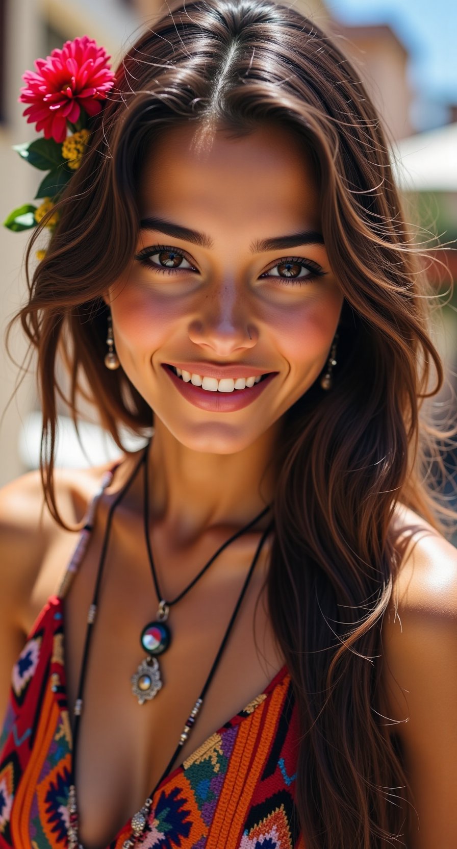 She is a radiant pacha,  her skin glowing like the golden light of the Andean sun. Her eyes are like the sparkling waters...