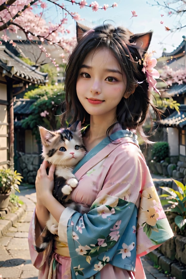 1 japan girl, solo, long hair, breasts, looking at viewer, blue eyes, smile, small breasts, black hair, holding, outdoors, lips, animal, yellow cat, sakura, pink kimono,  off shoulder, holding cat, side view, Xxmix_Catecat,PetDragon2024xl,LinkGirl,aesthetic portrait,more detail XL,cat