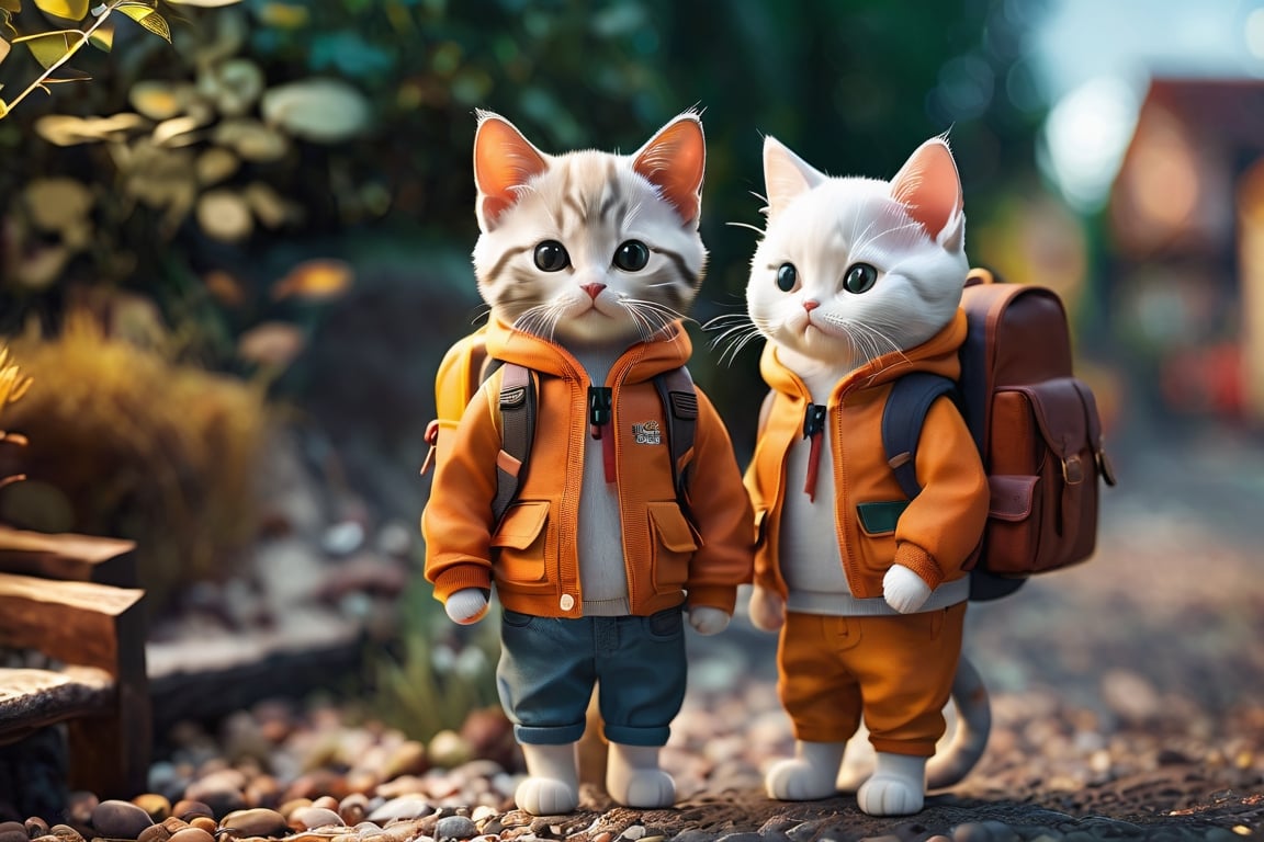 two cute kittens with backpacks are standing next to each other, in the style of daz3d, isaac cordal, studyblr, soft, romantic scenes, rinpa school, doug hyde, warm tones --v 6.0
        ,jinjianceng