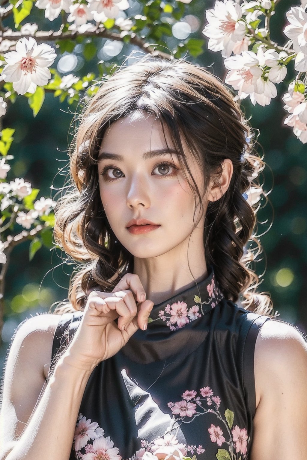 Real photo, a Japanese woman, 19 years old girl, 
 wearing a pink china cheongsam, under the cherry blossom tree, smiling, right hand up, the pink cherry blossom petals are flying all over the picture, clear and bright, super High quality, exquisite details, delicate and clear facial features, clear body,
,1 girl, Double exposure, real person, Dusk, twilight, milf, china dress with heart cutout,hand on own chin