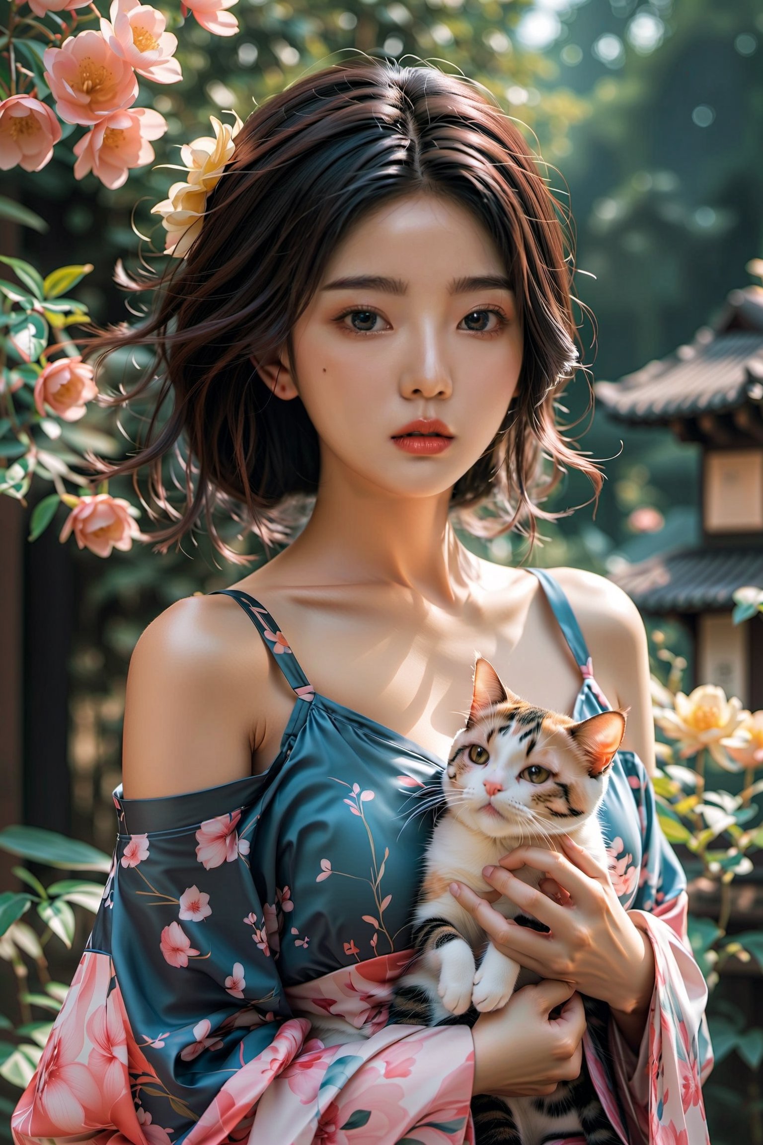 1 japan girl, solo, long hair, breasts, looking at viewer, blue eyes, smile, middle breasts, black hair, (holding cat), outdoors in Tokyo lips, wearing the pink kimonos, 
 animal, yellow cat, off shoulder, holding cat, Xxmix_Catecat,PetDragon2024xl,LinkGirl,aesthetic portrait,more detail XL,cat,wetshirt,xxmix_girl,Blue Backlight