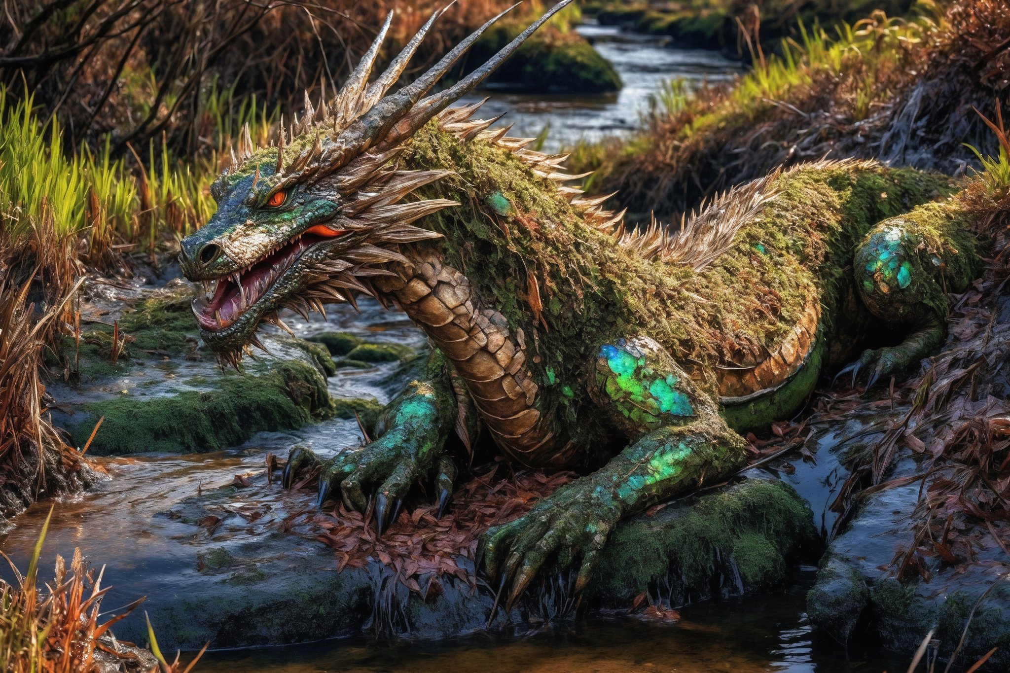 Ultra HIgh Resultion highly detailed photo, cinematic, wide view, full body shot, f1.8 aperture, sony camera, HDR, huge terrifying majestic serpantine green and brown opal dragon with its mouth open, its long serpantine body winding around the mossy rocks dissapearing in to the marshes behind it, looking directly at viewer going towards us emerging from a dark mossy misty marsh behind it, black opal, glitter,shiny,more saturation , black opal dragon, Dragon, glitter, wet eyes, dew drops on the dragons al skin, branchlike wings, leaves, branches, bushes, birds, insects, flies, moths, dragon flies, green and brown bog, heather, tall grass, highly detailed wet moss, highly detailed wet rocks, highly detailed dew drops on the ground,Goa,golden dragon ,aw0k euphoric style