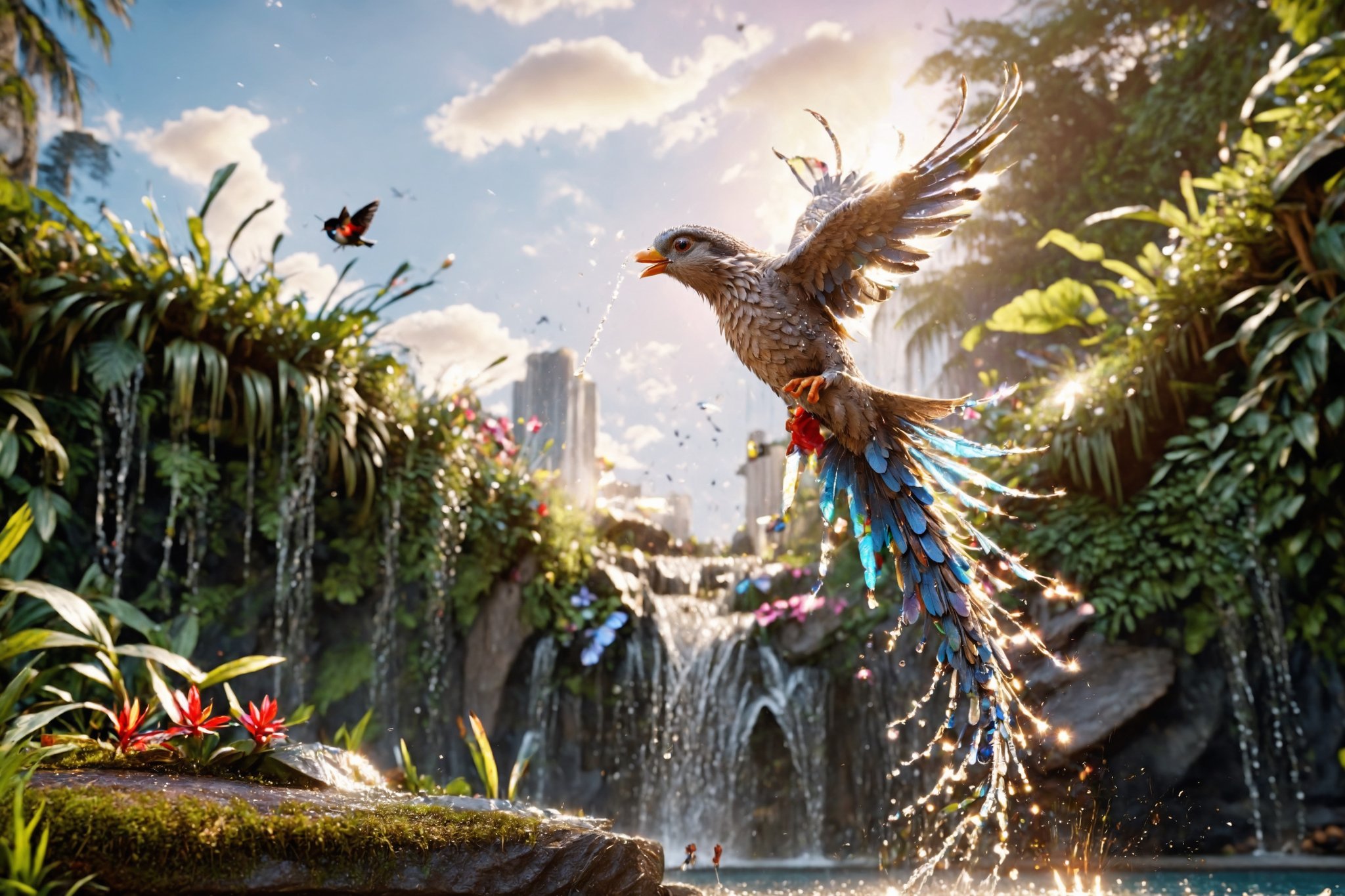 tropical jungle, viewed from the pool below, very low angle camera,  depth of field, fishes eye POV, close up view, highly detailed textures on the foliage and objects in the foreground, , a clear stream leading to a high cascading waterfall, the waterfall is dropping down in to a clear pool at the bottom full of precious jewels. (bird in exquisite detail is catching a fish in the pool). Ultra HIgh Resultion highly detailed photo. macro lense, cinematic HDR, tall trees, butteflies, frogs, (flying birds in fine detail), foliage, grass, stream, pool, reflecting the sky,  , ,aw0k euphoric style,zoya,galaxy00,glitter,shiny,ice and water,ice,water,water ring,Digital painting, bird 