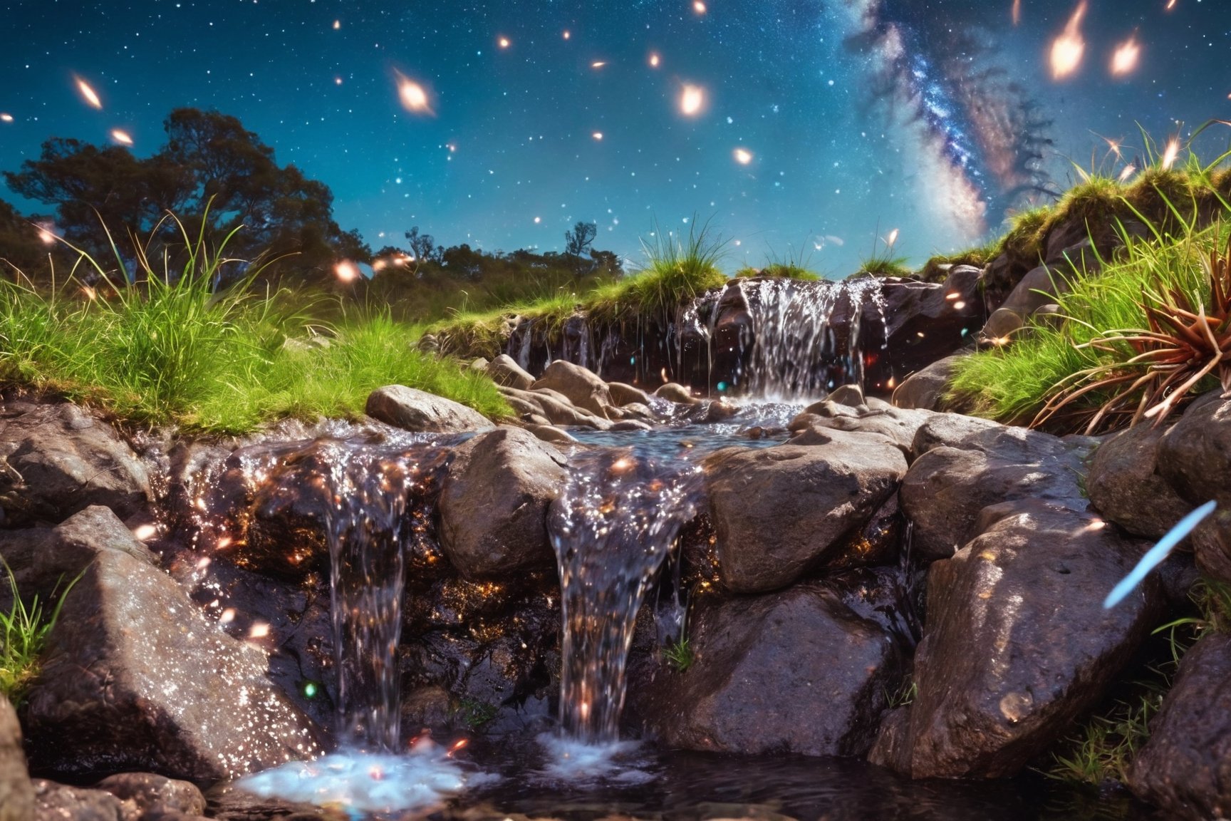 worms eye view, water fall galaxy, A galaxy spreading out across the universe in the rockpool below it. Spreading out towards us from an infitite distance. Ultra HIgh Resultion highly detailed photo. macro lense, cinematic HDR, grass, stream, pool,  aw0k euphoric style, ,aw0k euphoric style,zoya,galaxy00,glitter,shiny,ice and water