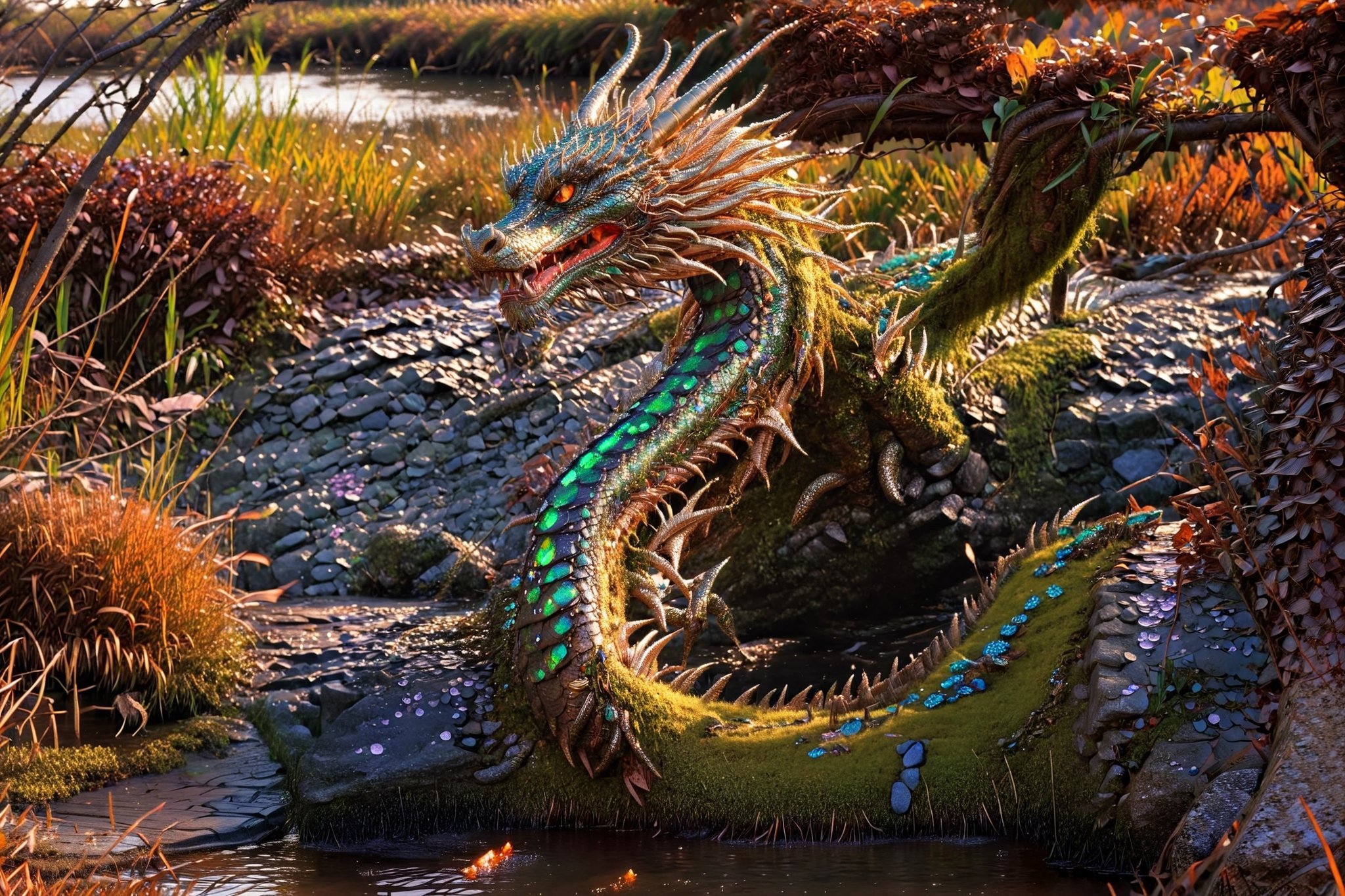 Ultra HIgh Resultion highly detailed photo, cinematic, wide view, full body shot, f1.8 aperture, sony camera, HDR, huge terrifying majestic serpantine green and brown opal dragon with its mouth open, its long serpantine body winding around the mossy rocks dissapearing in to the marshes behind it, looking directly at viewer going towards us emerging from a dark mossy misty marsh behind it, black opal, glitter,shiny,more saturation , black opal dragon, Dragon, glitter, wet eyes, dew drops on the dragons al skin, branchlike wings, leaves, branches, bushes, birds, insects, flies, moths, dragon flies, green and brown bog, heather, tall grass, highly detailed wet moss, highly detailed wet rocks, highly detailed dew drops on the ground,Goa,golden dragon ,aw0k euphoric style