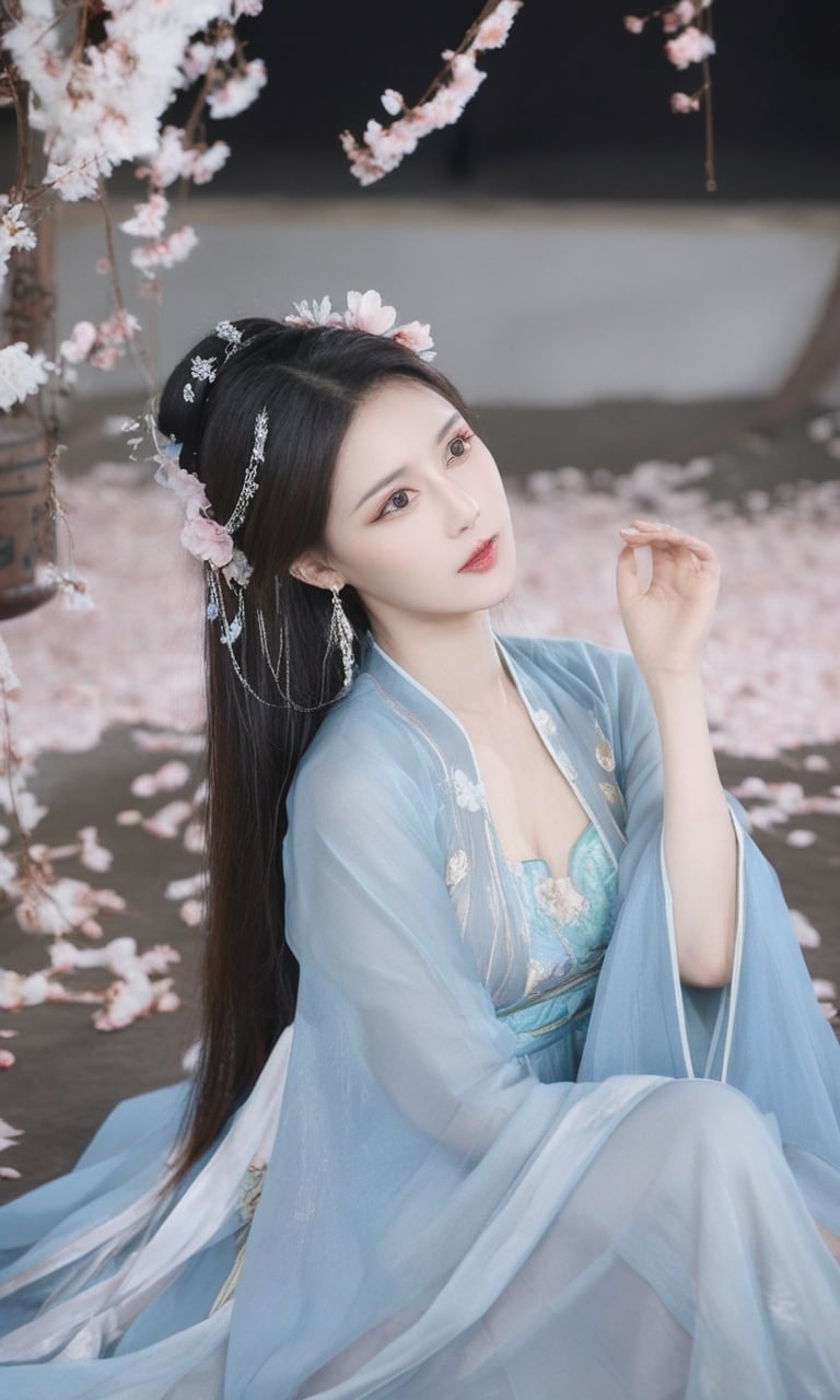 a woman in a blue period dress sitting on the ground,traditional attire,hanfu,cherry blossoms,serene expression,seated pose,ethereal lighting,black background,flowing fabric,reflective surface,high contrast,gentle gaze,soft makeup,pastel colors,blurred petals falling,cultural,fantasy ambiance,elegance,grace,historical costume,fabric draping,photoshoot,artistic composition,side lighting,blue gradient dress,tranquil atmosphere,delicate accessories,hair ornaments.,arien photography,sexyling54894416,sexyqni58919407,sexylala49407520,sexylingling1094075