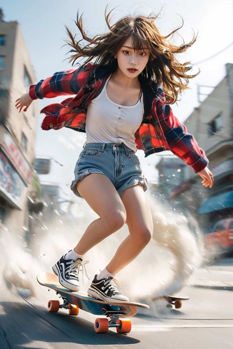 1Girl,(low angle shot:1.5),
The illustration depicts a spirited girl with a confident stance, her hair flowing behind her as she effortlessly maneuvers her skateboard. With determination in her eyes and a hint of a smile on her lips, she tackles the urban landscape with skill and grace. The low-angle perspective adds a sense of drama and dynamism to the scene,newhorrorfantasy_style,action shot,xxmix_girl,sexyling54894416