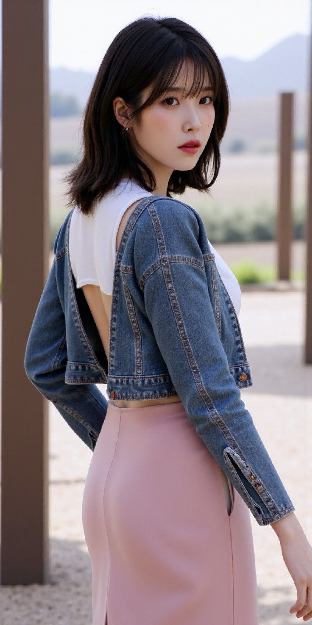 "(Top quality, 8K, high resolution, Artwork: 1.2), Highly detailed, (Realistic, Photorealistic, photo-realistic: 1.37), Portrait, 25 year old woman, wearing a white see through t-shirt that allows you to see a downblouse under a denim top jacket and a pink medium long adjusted pencil skirt, striking black eyes, soft shag black hairstyle, ghost town setting, calm atmosphere, professional photography, side profile picture showing her backside