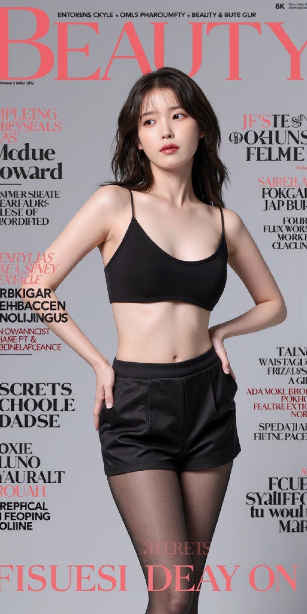 "(Top quality, 8K, high resolution, Artwork: 1.2), Highly detailed, (Realistic, Photorealistic, photo-realistic: 1.37) A high-fashion magazine cover featuring a full shot, long-body shot of a beautiful Korean female model with an enhanced bust size, confidently posing with elegance. Her sharp yet graceful facial features are highlighted, and she wears a tiny top and shorts with stockings while maintaining a sophisticated and polished look. The background is a neutral gray with professional, magazine-quality lighting that enhances her photorealistic skin texture.

Across the cover, bold and stylish magazine text is displayed, including the title in elegant font:

**"Beauty Magazine"** at the top. Other headlines include:

**"Fashion Forward: The Future of Elegance

**"Secrets to Confidence and Style"**

**"Model of the Year: Embracing Allure and Power"**

The overall composition combines high-end fashion photography with captivating headlines that frame the model's pose, drawing attention to her beauty and presence. The cover reflects sophistication, confidence, and modern fashion, with the FuturEvoLabBeautify aesthetic enhancing the visual impact. Lee ji eun 