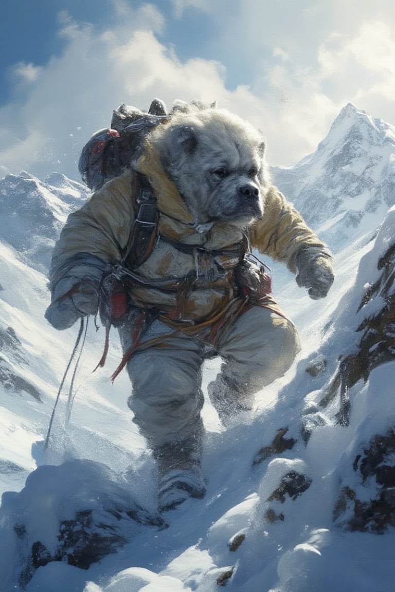 dog (Tibetan Mastiff),  climbing a snowy mountain,  wearing a climber's outfit with a padded jacket by JAL30 on Tensor.Art