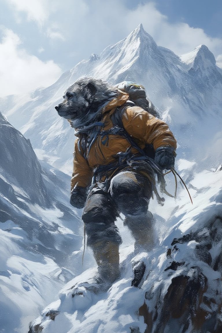 dog (Tibetan Mastiff),  climbing a snowy mountain,  wearing a climber's outfit with a padded jacket by JAL30 on Tensor.Art