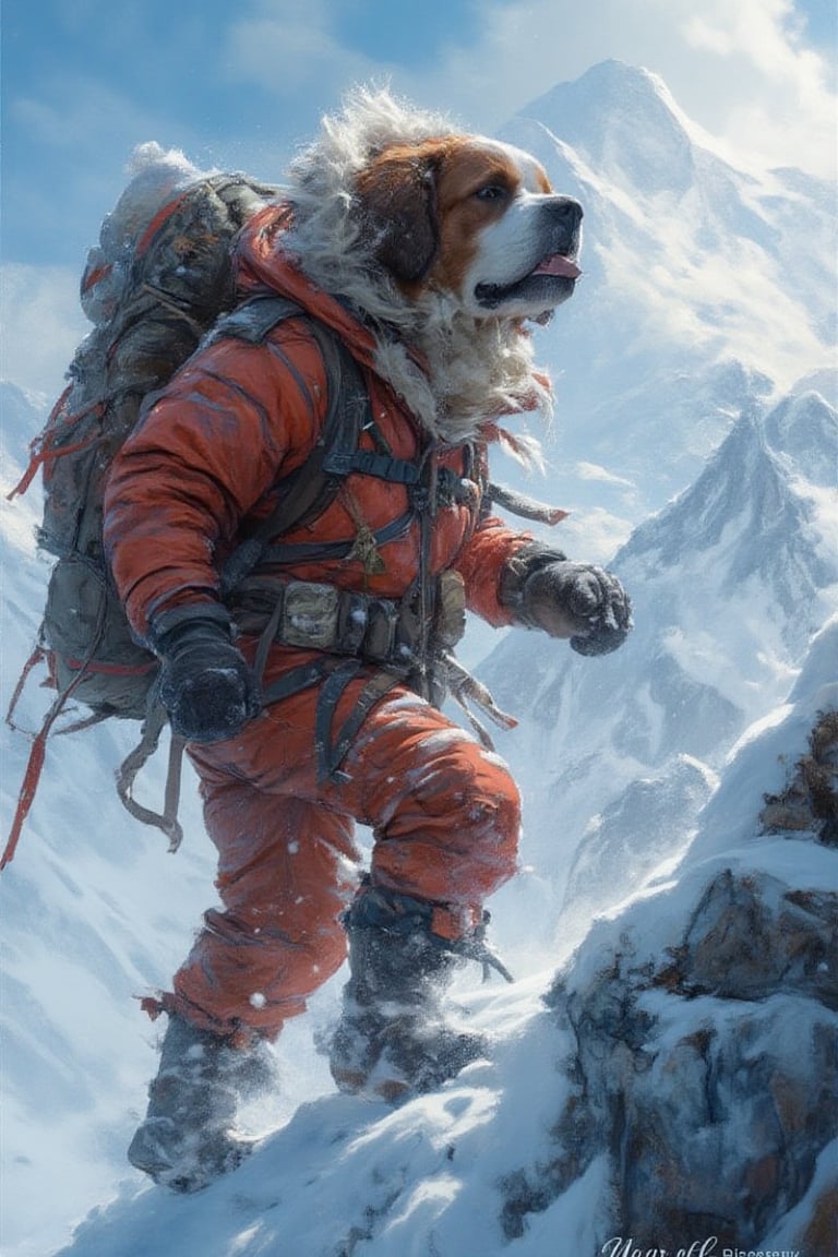 dog (saint bernard),  climbing a snowy mountain,  wearing a climber's outfit with a padded jacket by JAL30 on Tensor.Art
