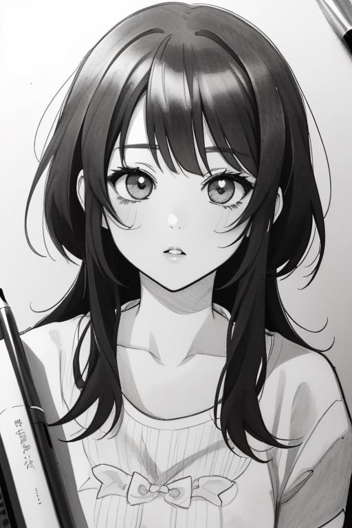 black and white,inking art,anime girl,pretty,beautiful,traditional drawing,manga drawing,only portrait,pen drawing