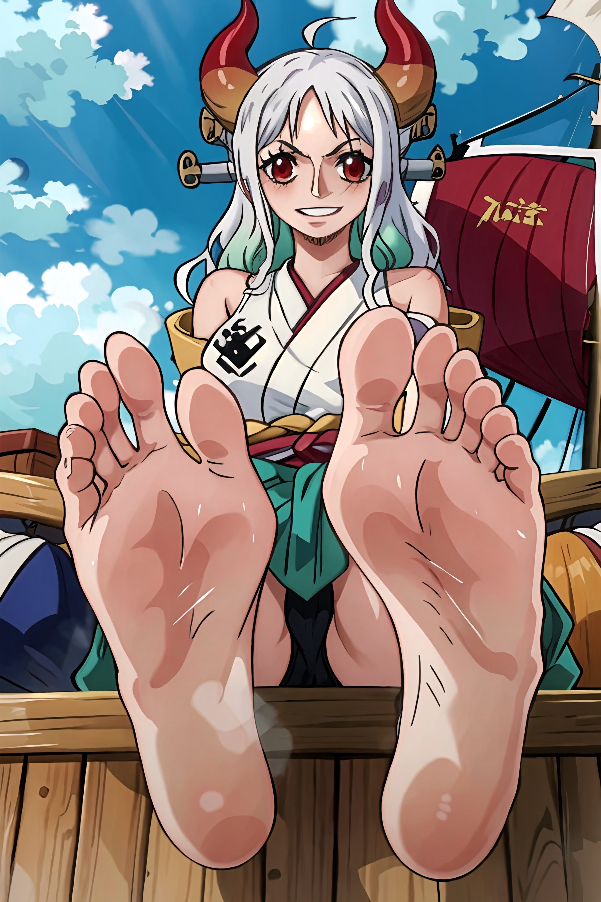 yamato one piece, large breasts, laughing big smile, sleeveless white kimono, curled horns, sideboobs, yamato \(one piece \), multicolored hair, YamatoV2, white hair, yamato, One piece style, green hair, oni horn, oni horn ,colored horn,long hair,red eyes, drinking alcohol out of Japanese gourd bottle:1.5, sitting on a pirate ship, drunk:1.4, barefoot, feet, toes, soles, foreshortening, showing off her soles to the viewer:1.5, soles in viewers face, extremely happy expression, light blushing because she is so drunk, drunk very happy expressive eyes, fetish pose, barefoot, feet, toes, soles, close-up, foot focus, feet focus, feet soles extremely close up in focus:1.4, bare soles, very wrinkled soles, realistically textured soles, wanostyle, vibrant colors, full color, feet in viewers face extremely close, details, from below, soles in viewers face so close we can smell them, very drunk