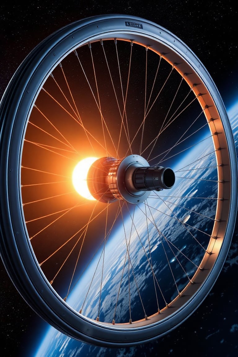 A majestic, futuristic space station takes shape as a colossal bicycle wheel, its hub glowing with warm intensity as the central sunlight concentrator harnessed solar energy to fuel the entire facility. The outer rim, a sleek and modern docking bay, hums with activity as astronauts and spacecraft from Earth arrive and depart, while the curved, gleaming surface of the wheel's circumference reflects the starry expanse, a symbol of innovation and exploration.