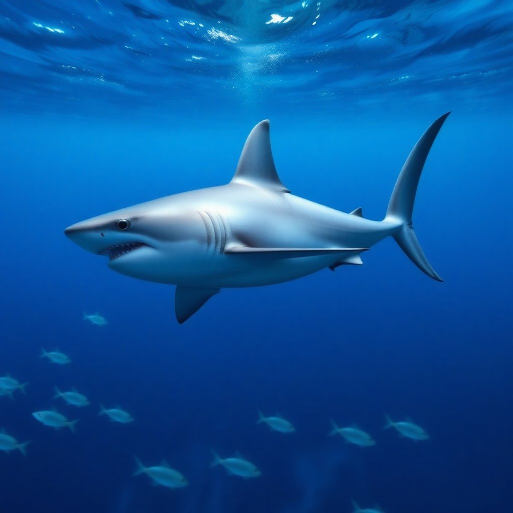 A solo great white shark swims majestically in the depths of a vibrant blue ocean. The water's surface glimmers like polished sapphires as the creature's shimmering scales catch the faint sunlight. A school of iridescent fish dart past, their tiny forms blurred by the water's distortion. The camera frames the Pokémon's powerful tail and outstretched fins, highlighting its dynamic pose as it propels itself through the blue-green darkness.