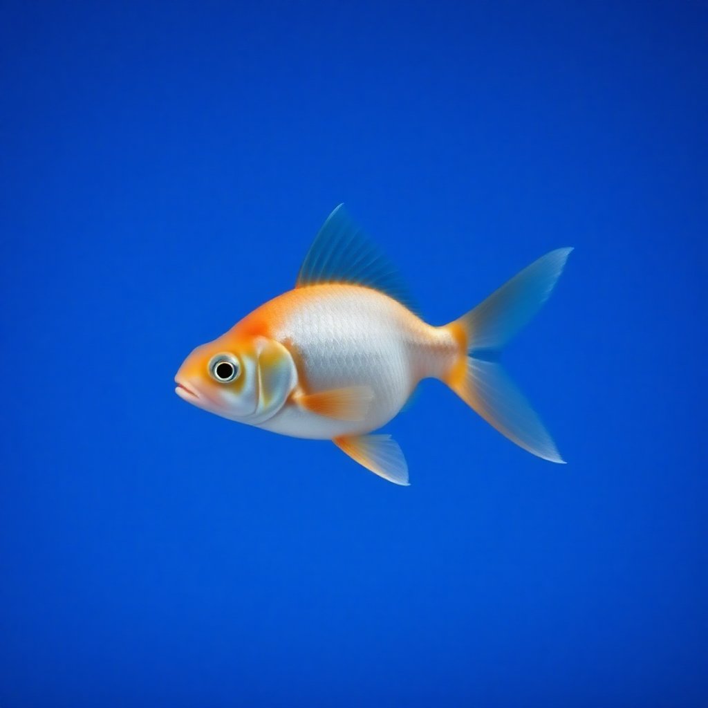 A solo goldfish swims effortlessly in a serene underwater environment, its scales glistening in the soft blue light. The camera captures a full-body shot of the fish, showcasing its simple yet elegant form against the plain blue background. The subject is centered, with a warm smile spreading across its face as it glides through the water.