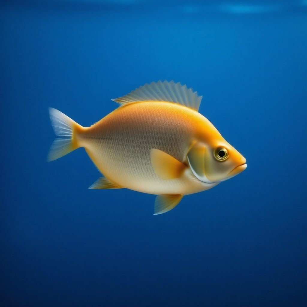 A stunning solo shot of a majestic golden fish swimming against a serene blue background, its sleek body glistening in the soft underwater light. The camera frames the fish's entire form, showcasing its simplicity and elegance as it glides effortlessly through the water.